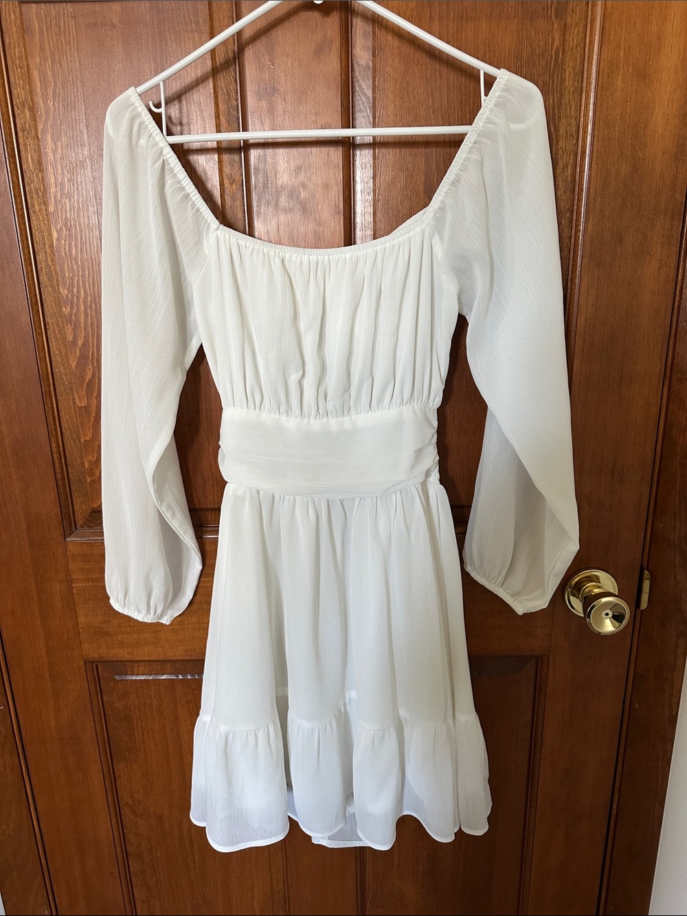 Subtle off White Long Sleeve Smocked Waist Mini Dress